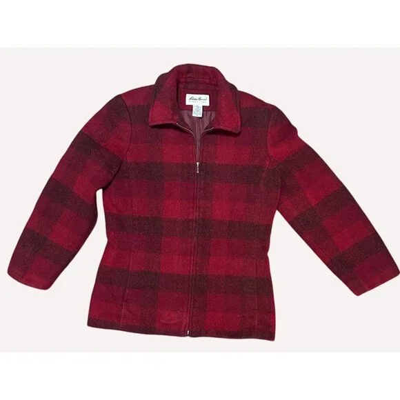 Eddie Bauer Womens Red & Black Plaid Fitted Wool Zipper jacket Small Cabincore - Picture 4 of 11
